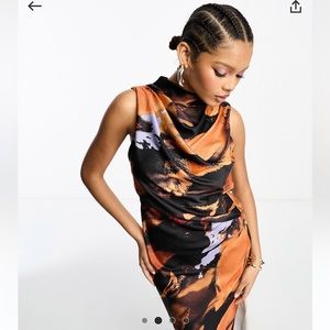 Asos high neck drape maxi dress with open back and high slit in abstract print
